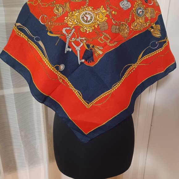 Lovely 80's 90's Equestrian Richly Patterned Red & Dark Navy Blue Scarf - Picture 3 of 3